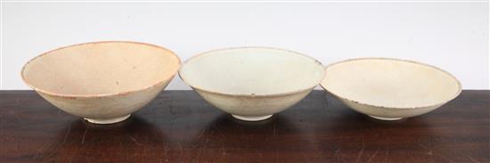 Three Qingbai (Ying qing) bowls, Song dynasty, 18 to 19cm, crazing and staining